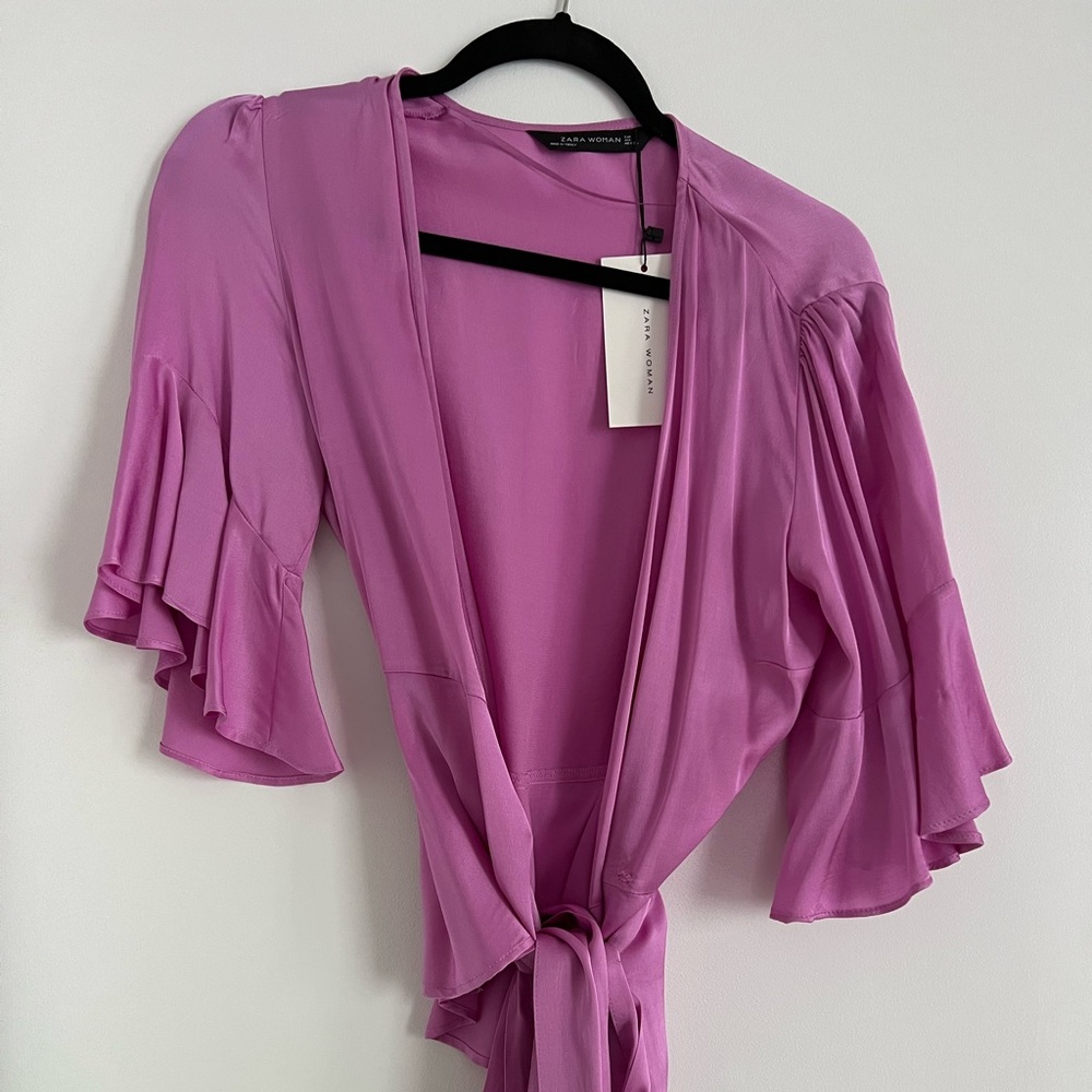 Silk Zara wrap top with ruffle sleeves